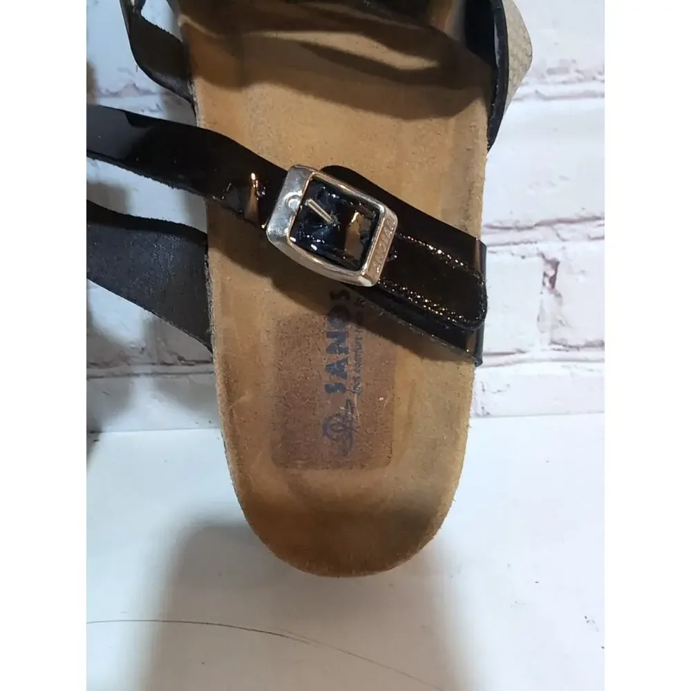 Sanosan Black Patent Metallic Leather Straps Soft Footbed Cork Wedge Sandals 38